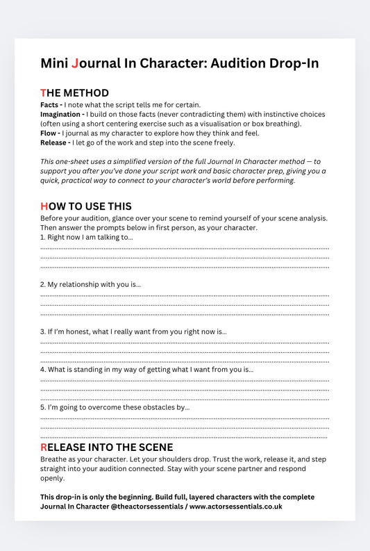 Mini Journal In Character - Pre Audition Drop-In (printable PDF)